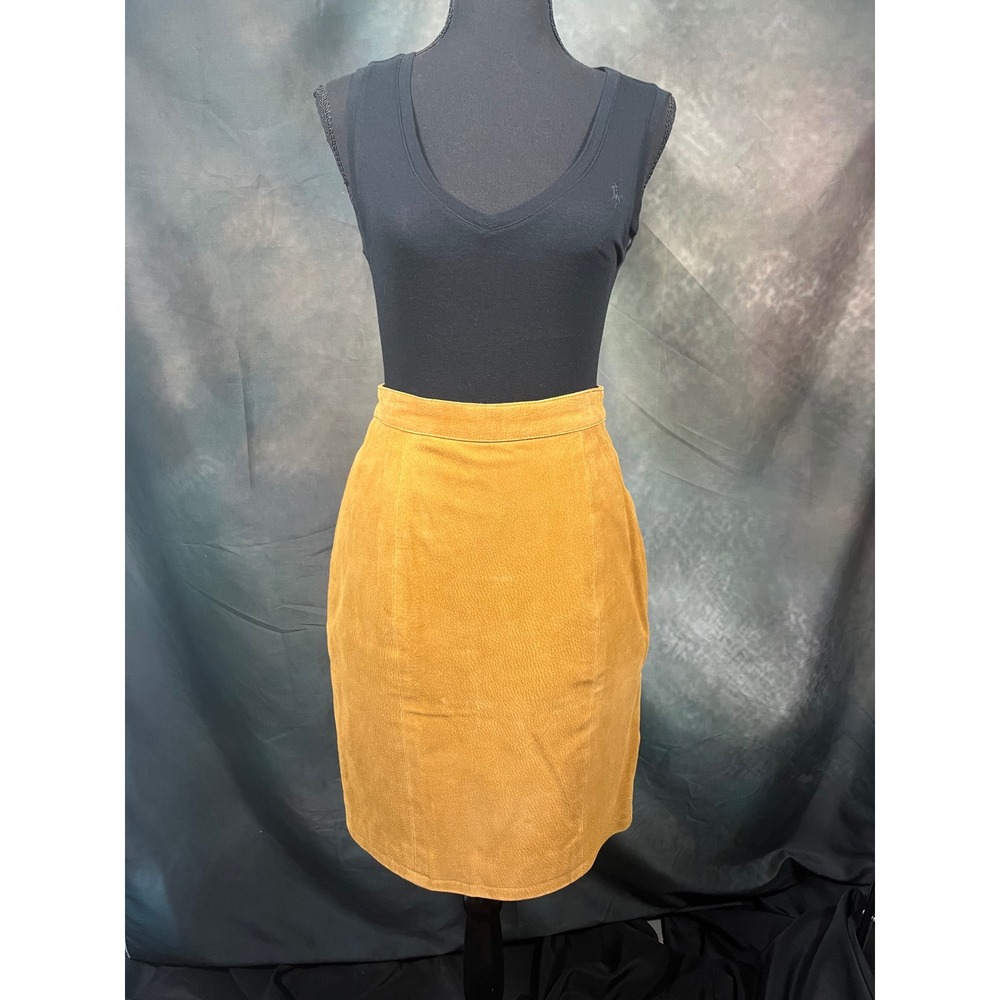 Vintage Global Identity Suede Leather Pencil Skirt Mustard Tan Vintage Size 7/8